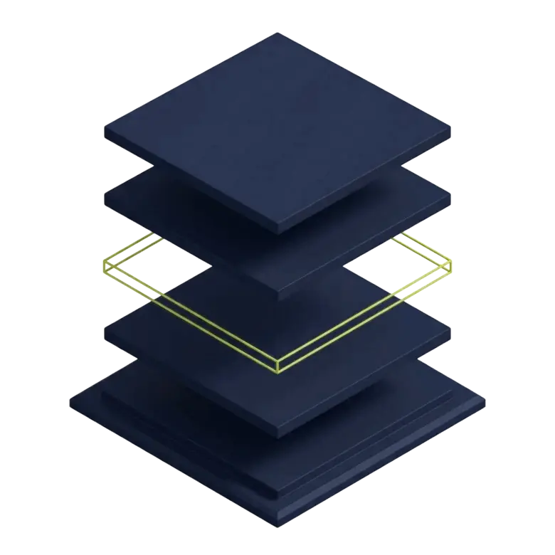 Isometric exploded stack of four navy layers on a plinth, with an empty acid-yellow outline where a fifth layer is missing