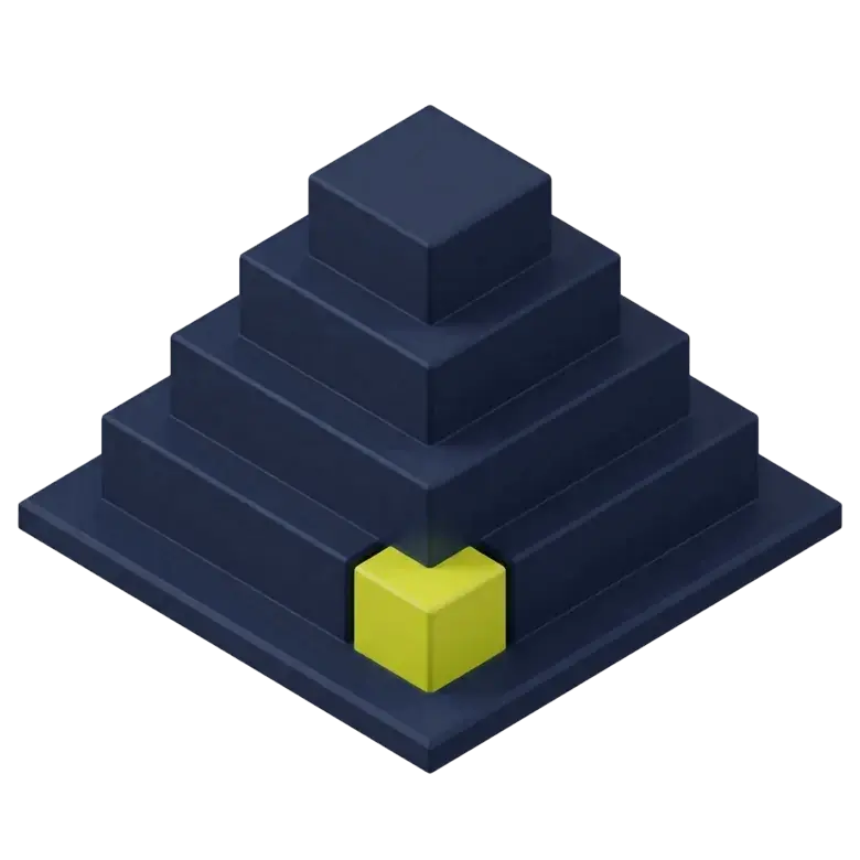 Isometric stepped structure of four ascending courses on a plinth, one foundation block at the base in acid yellow