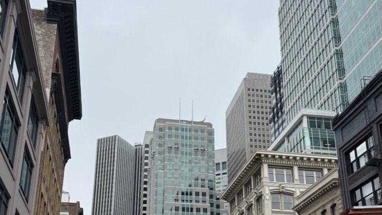 A bike lane on a downtown street runs towards Salesforce Tower on the morning of the main keynote, 15 September 2026.